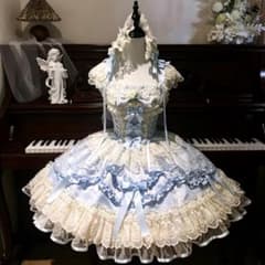【高品質】サックス ロリータ JSK 総レースフリル ヘッドドレス付のサムネイル