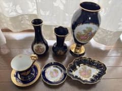 リモージュカステル 22K金彩 コバルトブルー 花瓶 カップ 6点セット
