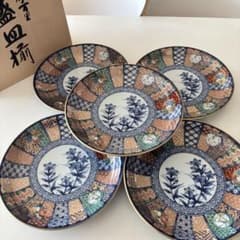 有田焼 古伊万里 盛皿揃 金彩 祥瑞花丸紋 大皿 中皿 盛り皿 5枚 共箱