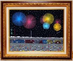 F6号】山下清【長岡の花火】手描き/表サイン・裏共シール有り/油彩
