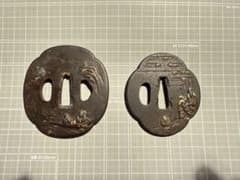 鍔 2点セット 刀装具 鉄地 金象嵌 古美術 時代物 舟人物 竹 人物図のサムネイル