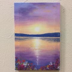 Thumbnail of 【原画：約10×15cm】 夕暮れに花咲く湖畔　オイルパステル画　キャンバス画