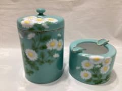 オールドノリタケ 陶器製煙草入れ、灰皿 青地白菊 ビンテージ