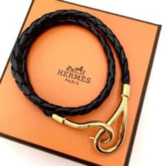 エルメス ジャンボチョーカー 編み込み2連 ブレス ゴールド 黒 レザー