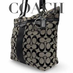 【良品】コーチ　トートバッグ　シグネチャー　レザー　キャンバス　チャーム　黒