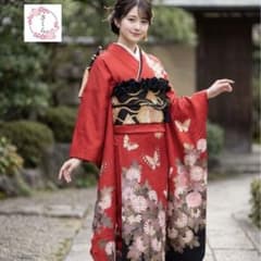 振袖フルセット　舞蝶柄・菊・金彩・箔・染め分・地紋・正絹・赤・黒 振袖フルセット 舞蝶柄・菊・金彩・箔・染め分・地紋・正絹 - メルカリ