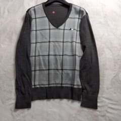 블랙 앤 화이트 체크 V 넥 니트 M 그레이 블랙