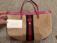 GUCCI ストロー トートバッグ ベージュ/ピンク - メルカリ