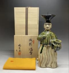 佐々木二郎　織部南蛮人燭台　瑞光窯　美濃焼　四方桟共箱　共布　M646 佐々木二郎 織部南蛮人燭台 瑞光窯 美濃焼 四方桟共箱 共布 M646