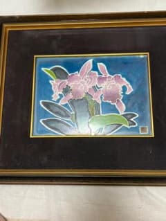 極美品】高級 七宝焼（陶板画）額装 「カトレア」洋蘭 壁掛け 伝統工芸
