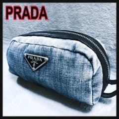 PRADAプラダ デニム ポーチ 三角ロゴ 訳あり コスメポーチ ブルー小物