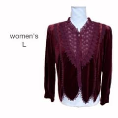 レディース シャツ ブラウス 長袖 ベルベット 赤色 金ボタン 13号 日本製