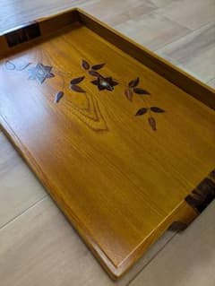秋田県角館 くさ忠 木の工芸品 貝入鉄仙長手盆 お盆大 樺細工 未使用品