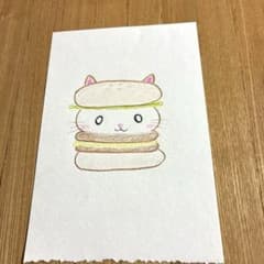 手描きイラスト 猫 バーガー 色鉛筆画 アートのサムネイル