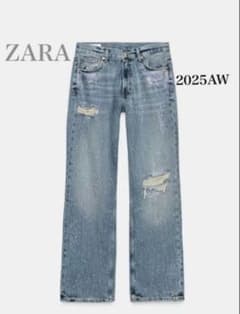 ZARA TRF ダメージ加工ラインストーンワイドレッグデニムパンツ - メルカリ