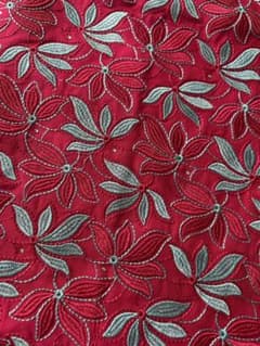 新品　刺繍生地 ダークピンク×ライトブルー 花柄　ラインストーン