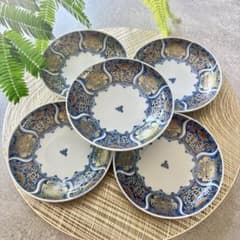 献上古伊万里　大皿　４枚　藍色　20cm 多用皿　19.5 プレートL 青　金彩 献上古伊万里 取り皿 五枚セット 藍 ブルー 金彩 和食器 ケーキ皿 菓子