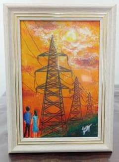 「鉄塔」(はがきサイズ・原画)　夕焼け　風景　恋人　猫のサムネイル