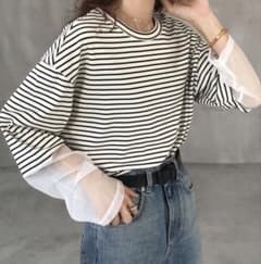 ストライプ ボーダー　シースルー バルーンスリーブ Tシャツのサムネイル