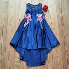 キッズドレス ネイビー 花柄刺繍 フィッシュテール