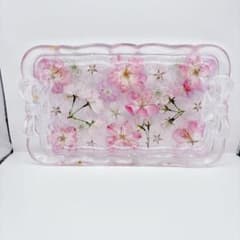 リボン付き大きな長方形 桜たっぷりのトレー 固まるハーバリウム