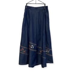 花もめん 花柄刺繍 デニムロングスカート 日本製