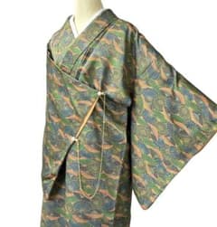 ユ97着物 小紋 緑色と茶色 地紋 正絹 - メルカリ