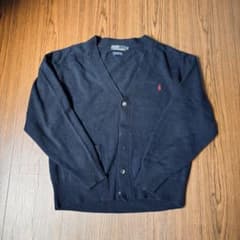 OI64 ポロバイラルフローレン ラムウール ニットカーディガン 紺 M 刺繍のサムネイル
