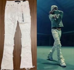 新品 VALABASASバラバサス ハードクラッシュ フレアホワイトデニム 30