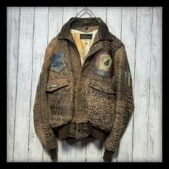 A2☆レザーフライトジャケット】リアルレザー☆裏地地図柄☆ワッペン M