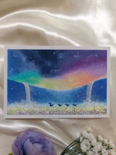 星空と滝とカルガモの幻想的なアート作品 はがきサイズ風景画 #170