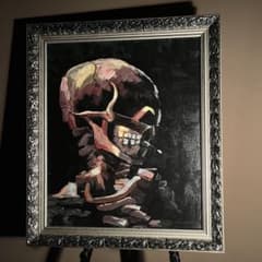 ★秀作★手書き油絵 ゴッホ タバコを咥えた骸骨 額付き 肉筆絵画 油彩画 ☆秀作☆手書き油絵 ゴッホ タバコを咥えた骸骨 額付き 肉筆絵画 油彩