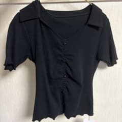 襟付き フロントボタン 半袖トップス ブラックのサムネイル