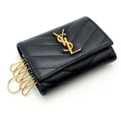 未使用級✨サンローラン　6連　キーケース　キーリング　キャビアスキン　YSL　黒 サンローラン カサンドラ 6連キーケース キャビアスキン YSLロゴ