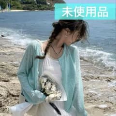 透かし編み 長袖カーディガン ミントグリーンのサムネイル