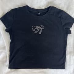 リボンストーン装飾 ブラック半袖Tシャツのサムネイル
