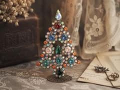 チェコガラス/ガラスツリー/カラフル/卓上ツリー/クリスマス/ラインストーン 修復歴有/小型/ミニ/チェコガラス/クリスマスツリー/カラフル/ライン
