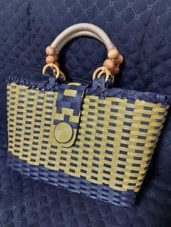 ハンドメイド 手編み かごバッグ ネイビー イエローのサムネイル