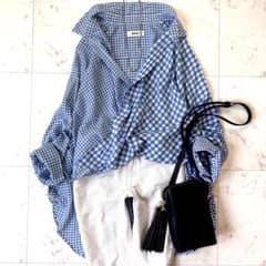 美品 ズッカ ギンガムチェック カシュクールシャツ シルク混 洗える 青 