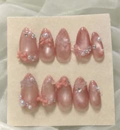 ネイルチップ ピンク リボン パール ストーンのサムネイル