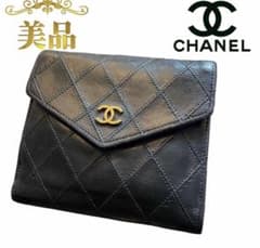 美品】CHANEL ビコローレ ラムスキン 二つ折り財布 Wホック ブラック