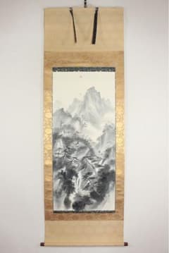 No6170 掛軸 月村華渓 「水墨山水」 絹本 共箱/二重箱 古美術 送料無料
