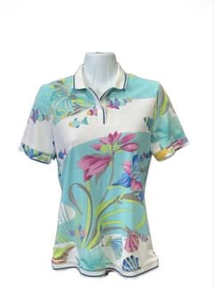 日本製★LEONARD　希少サイズ　ポロシャツ　魚 花 ロゴ 花柄　42 美品LEONARD SPORTレオナール スポーツ ポロシャツ花柄 魚 M総柄