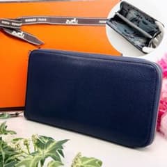 美品 エルメス アザップロング シルクイン 長財布 ダークネイビー D