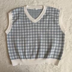 Honeys 水色チェック Vネック ニットベスト Lサイズ