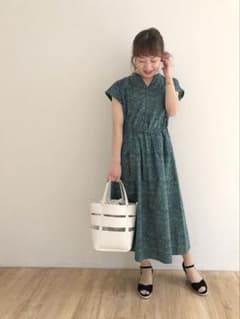Techichi ウォールペーパーフラワー柄ワンピース グリーン緑 リバティ