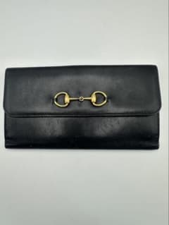 GUCCI long wallet, horsebit design, gold hardware, black leather, vintage.