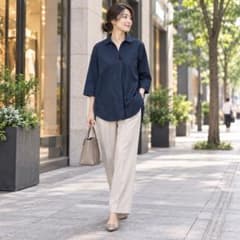ナノユニバース FLOW LINEN スキッパーシャツ 7分袖 ネイビー M - メルカリ