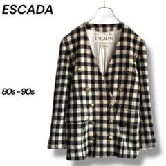 美品　ESCADA レザー　イントレチャートジャケット　金ボタン ESCADA 80s-90s シルク混 金ボタン チェック柄 ジャケット M相当