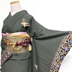 振袖 洗える着物 金彩 蝶 唐花文様 カーキカラー 成人式 着物 052b 